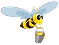 Flying bee character with bucket honey