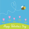 Flying bee. Flowers. Dash heart in the sky. Happy Royalty Free Stock Photo