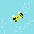 Flying bee kissing couple in the sky. Cute cartoon funny fat caharacter. Dash line air loop. Happy Valentines Day. Word Love. Gree Royalty Free Stock Photo