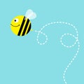 Flying bee in the sky. Cute cartoon funny fat caharacter. Dash line air loop. Love greeting card. Flat design. Baby blue backgroun Royalty Free Stock Photo