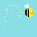 Flying bee in the sky. Dash line air loop. Cute cartoon funny fat caharacter. Love greeting card. Flat design. Baby blue backgroun Royalty Free Stock Photo