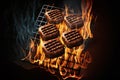 Flying beef hamburgers pieces above burning grill grid, black background. Barbecue and grill concept