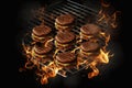 Flying beef hamburgers pieces above burning grill grid, black background. Barbecue and grill concept