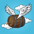 flying beer wooden barrel pop art vector