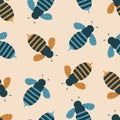 Flying bees hand drawn vector illustration. Colorful wasps in flat style seamless pattern for kids fabric.