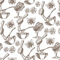 Beehive with bees, flowers and honey in plate seamless pattern