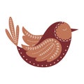 A flying beige-brown bird with closed eyes. With folk elements, twigs, dots. A mysterious decorative element for design
