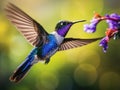 Flying big blue bird Violet Sabrewing with blurred green Hummingbird in Flying hummingbird Royalty Free Stock Photo