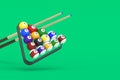 Flying billiard balls, plastic triangle and cues. Copy space