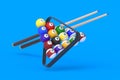 Flying billiard balls in plastic triangle and cues