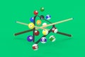 Flying billiard balls, plastic triangle and cues on green background. Game for leisure. Sports equipment