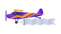 Flying Biplane with Blank Horizontal Banner, Retro Air Vehicle with White Ribbon for Advertising Flat Vector