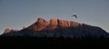 Flying bird above the Tunnel Mountain during sunrise  in the Rocky Mountains, Banff National Park, Alberta, Canada Royalty Free Stock Photo