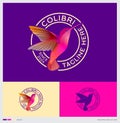 A flying bird, Colibri logo. Humminbird with letters into circle. Identity. Using colors.