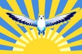 Flying bird, dove as a symbol of peace. Yellow sun, blue sky. Support Ukraine, Stand with Ukraine banner and poster in yellow and