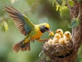 Flying bird feeding his new born chicks AI Generated.