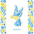 Flying bird. Peace for Ukraine concept. Card design with bird and ethnic flowers Ukrainian art. Folk art print desig