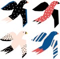 Flying birds abstract papercut style vector icons. Scandinavian birds illustration collage style