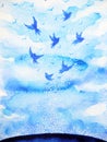 Flying birds free, relax mind with open sky, abstract watercolor painting Royalty Free Stock Photo