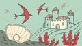 Flying Birds Over Castle with Shell Coral, vector design Generative AI Royalty Free Stock Photo