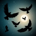 Flying birds in sky on moonlit night