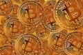 Flying Bitcoin as most important cryptocurrency concept. Crypto currency Gold Bitcoin, BTC, Bit Coin. Close-up Blockchain Royalty Free Stock Photo