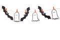 Flying black bats and ghosts hanging on rope on white