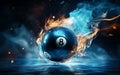 flying black billiard eight ball in blue fire Generative AI