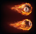 Flying black billiard eight ball in fire