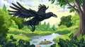 Flying black raven on river shore in summer forest. Modern illustration of landscape with stream, green grass, bushes or Royalty Free Stock Photo