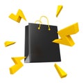 Flying black shopping bag with and yellow thunder bolts. Black Friday and sale event concept. 3d rendering