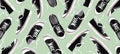 Flying black sneakers from different sides on gray background. Fashionable stylish sports casual shoes. Creative minimalistic