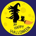 Flying black witch and cat. Big moon. Happy Halloween card. Flat design. Royalty Free Stock Photo
