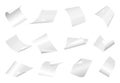 Flying blank paper sheets with curved corner on white background