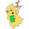 Flying blanket ghost carrying wine serving as a waiter, doodle icon image kawaii