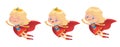 Flying Blond Girl wearing colorful costumes of superheroe, isolated on white background