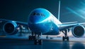 Flying blue airplane taking off for a business journey with speed generated by AI Royalty Free Stock Photo