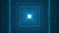 Flying into blue digital technologic tunnel. 3D Big data digital tunnel square with futuristic matrix. Binary code particles