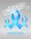 Flying blue ribbons with vintage typography on light gray background. Movember - prostate cancer awareness month