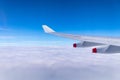 Flying into blue sky and sea of clouds and Wing of airplane with