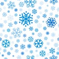 Flying blue snowflakes, snow seamless pattern on white background. Winter abstract on blue sky. Christmas and new year backdrop. Royalty Free Stock Photo