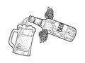 Flying bottle pours beer into glass sketch vector