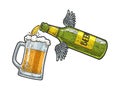 Flying bottle pours beer into glass sketch vector