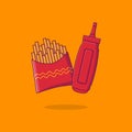 Flying bottle of sauce and french fries floating cartoon style