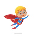 Flying Boy wearing colorful costumes of superheroes, isolated on white background. Cartoon vector characters of Kid