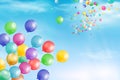 Flying bright Colorful Balloons with confetti, ribbon, serpentine in the blue sky party background. Festive birthday balloons
