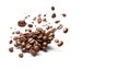 Flying brown coffee beans on a white background with space for text. Generative AI