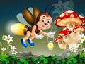 Flying Brown Firefly Holding Lantern On Top of Rocks and White Flower With Red Mushroom House Cartoon