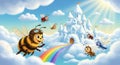 Flying Bugs on a Rainbow Path to a Cloud Castle Royalty Free Stock Photo