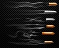 Flying bullet traces. Shooting military bullets smoke trace, handgun shoot trails and realistic shoot trail vector Royalty Free Stock Photo